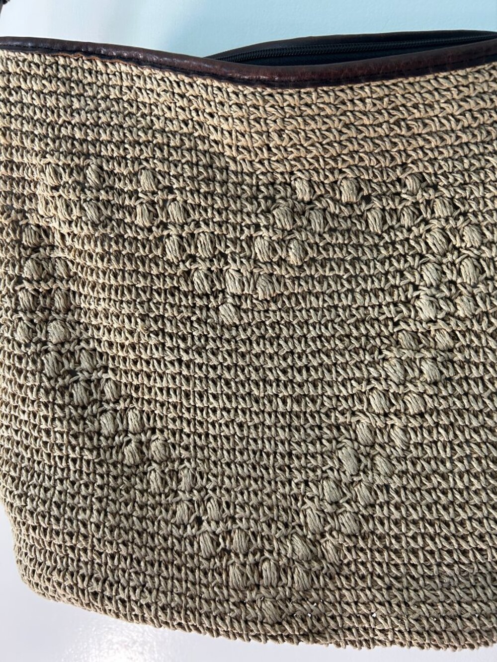 Brighton Straw Crochet Hobo Shoulder Bag Brown Leather Trim Floral Detail Boho - Picture 3 of 14